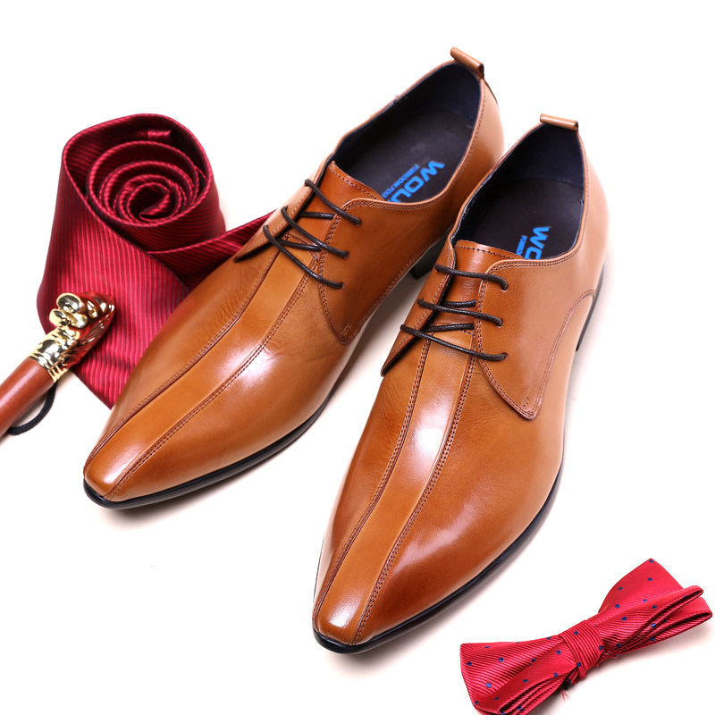 春季英伦商务正装皮鞋男士真皮尖头系带德比鞋头层牛皮男鞋结婚鞋
