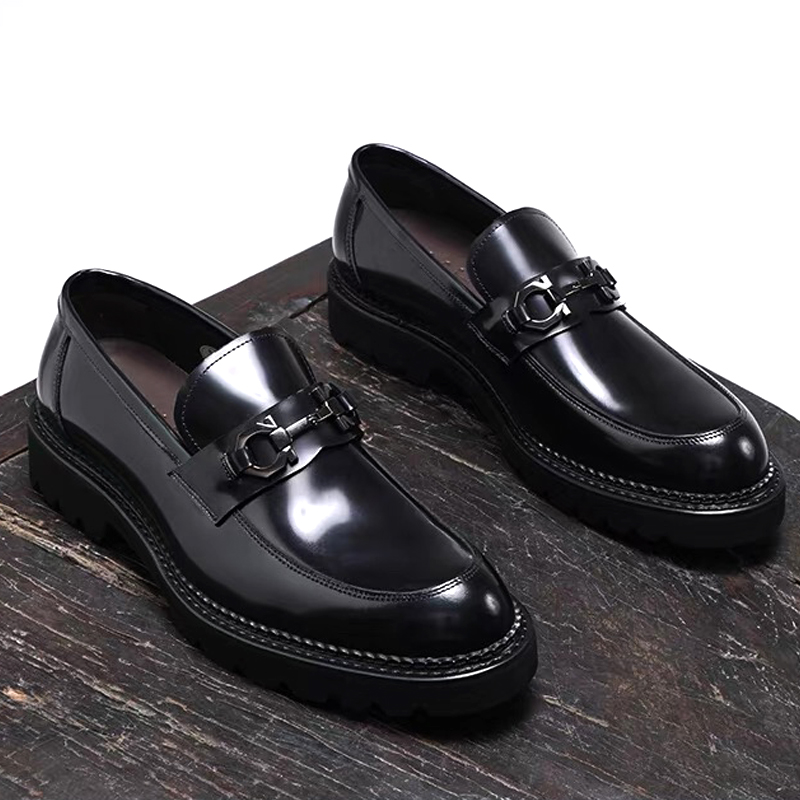 高档商务正装皮鞋男士英伦一脚蹬休闲乐福鞋真皮透气亮皮增高男鞋