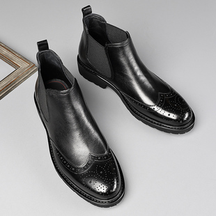 秋冬英伦切尔西靴男靴真皮短靴子男士布洛克雕花复古尖头高帮皮鞋