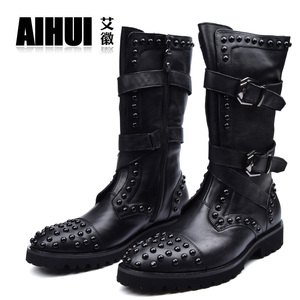 冬季男士英伦马丁靴高筒靴长筒靴男靴子朋克铆钉牛皮靴机车靴真皮