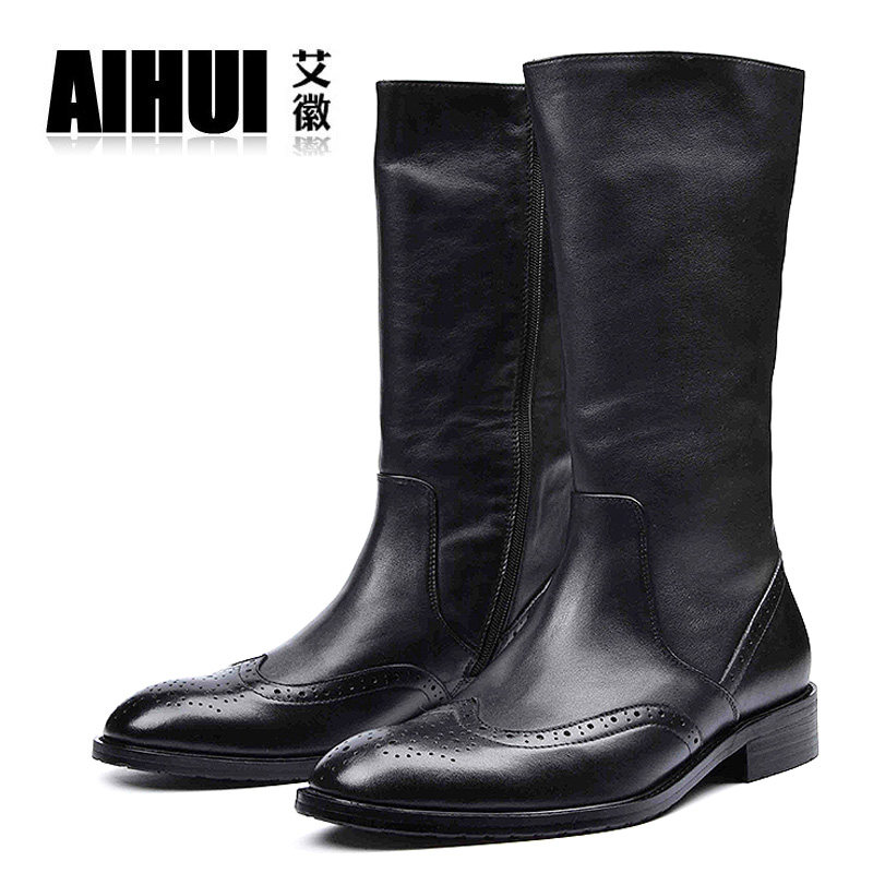 秋冬真皮长筒靴男靴长靴子尖头马丁靴男高筒牛仔靴英伦布洛克皮靴