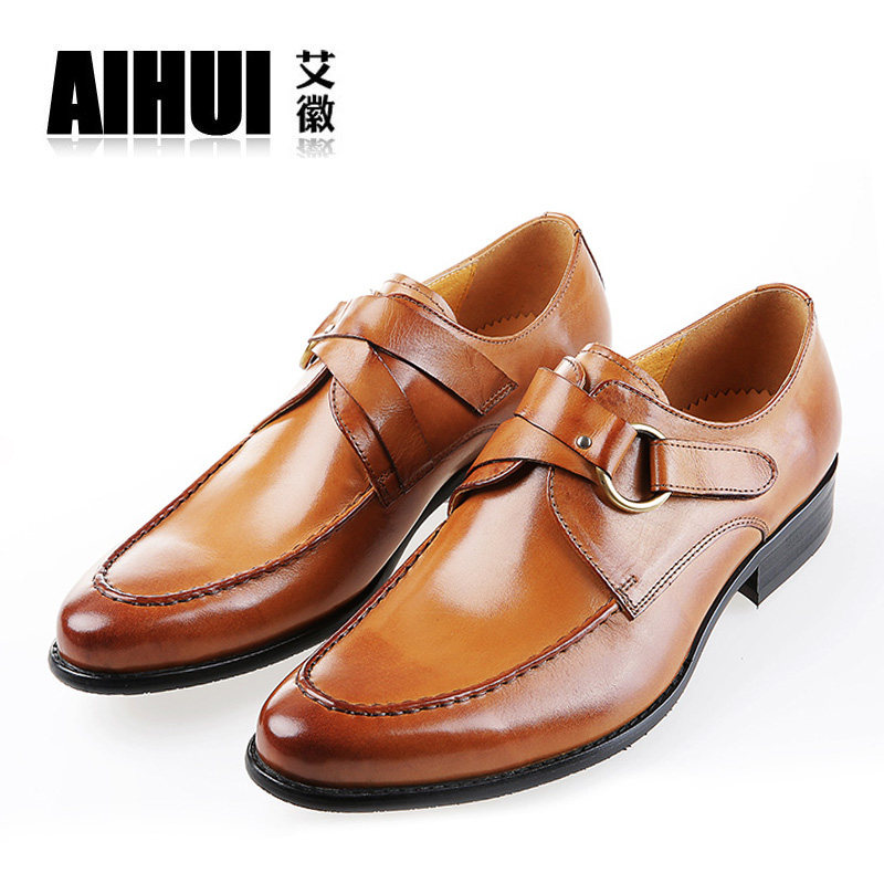 春季男士英伦商务正装皮鞋头层牛皮男鞋子真皮尖头青年结婚鞋搭扣
