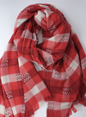 Z家大红色红白大格子毛毛感保暖冬季加厚长款大围巾氛围感拍照