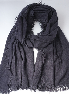 ZAR*家藏青色秋冬季保暖仿羊毛毛边基本款长款围巾日常出游拍照