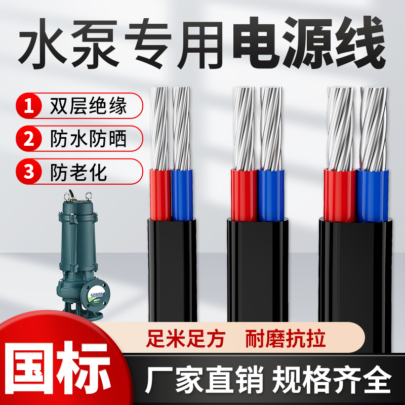 水泵专用铝芯2芯10平方家用户外电缆线双芯护套线防老化防水防晒