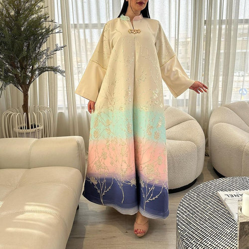 迪拜jalabiya连衣裙时尚女装提花面料渐变色大袍dress girl skirt