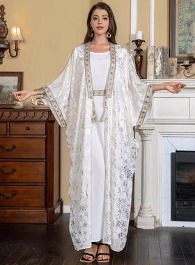 SW013独立站女士连衣裙欧美外贸夏季烫金长袍Abaya