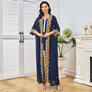 晚礼服纯色串珠蝙蝠袖优雅女士长袍开衫两件套连衣裙