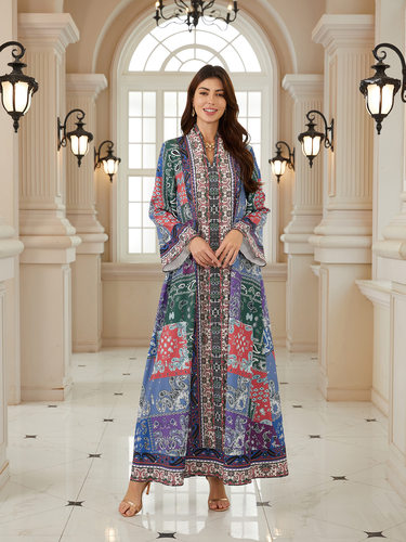 欧美尼泊尔时尚休闲宽松V领印花长袖连衣裙 Printed V-neck dress