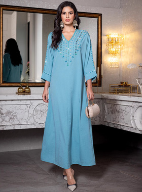 BA5136新款跨境蓝色连衣裙亚马逊迪拜女装现货连衣裙长袍