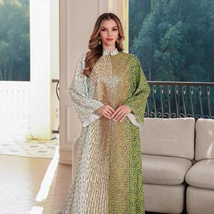 OEM 夏季新款Muslim拼接珠片长袍 服饰 长裙印花大袍