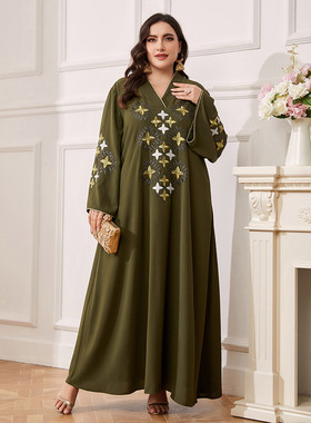 中东雪纺长款民族风连衣裙冰丝皱刺绣长袍批发 军绿色胖妹妹长裙