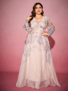 度假长裙 收腰连衣裙优雅大摆深v领性感大码 子 长款 欧美印花灯笼袖