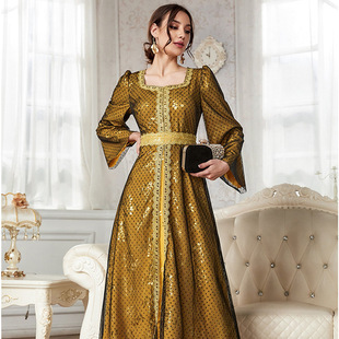 2022秋冬新品 印花刺绣花边网纱连衣裙迪拜muslim穆斯林女装