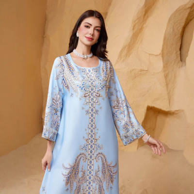 ZD011连衣裙女士长袍钉珠印花圆领修身Abayas