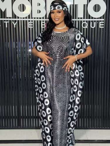 African dress women clothes外贸拼接印花长袍非洲宽松珠片圆领