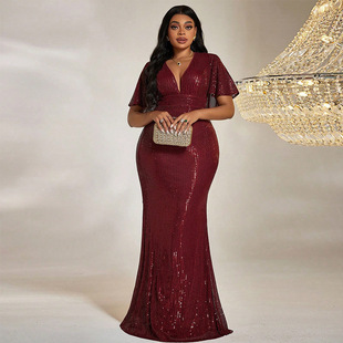连衣裙礼服 性感v领包臀长裙亮片大码 KY663跨境亚马逊新款 欧美秋装