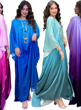 MQ099 中东跨境长裙穆斯林连衣裙modest外套时尚柔光锻蝙蝠长袍