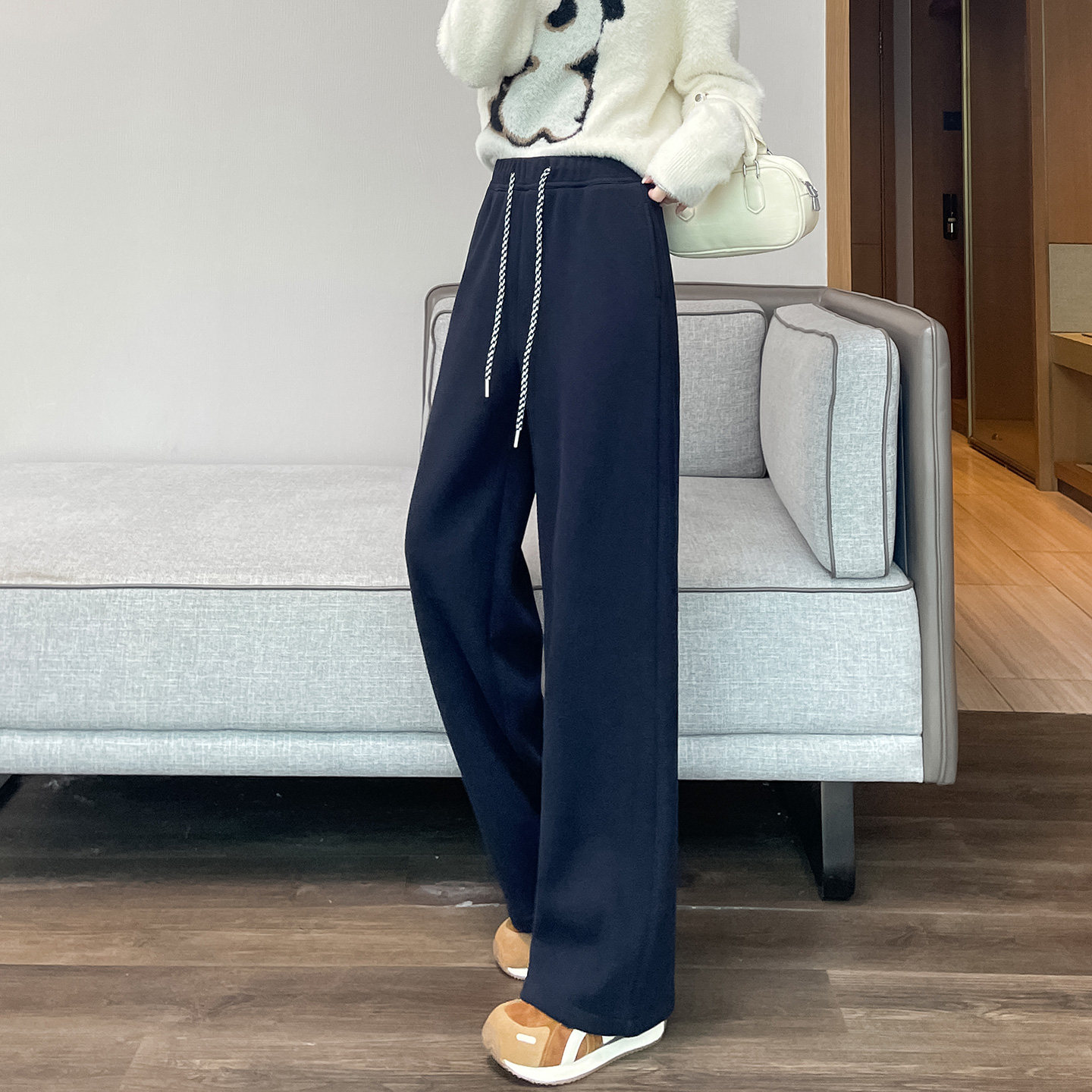 高腰加绒阔腿裤女直筒休闲保暖裤