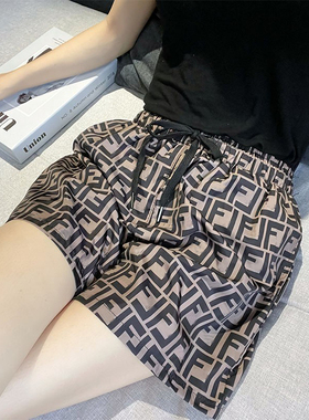 冰丝阔腿短裤女2026夏季薄款五分韩版字母高腰宽松直筒休闲情侣装