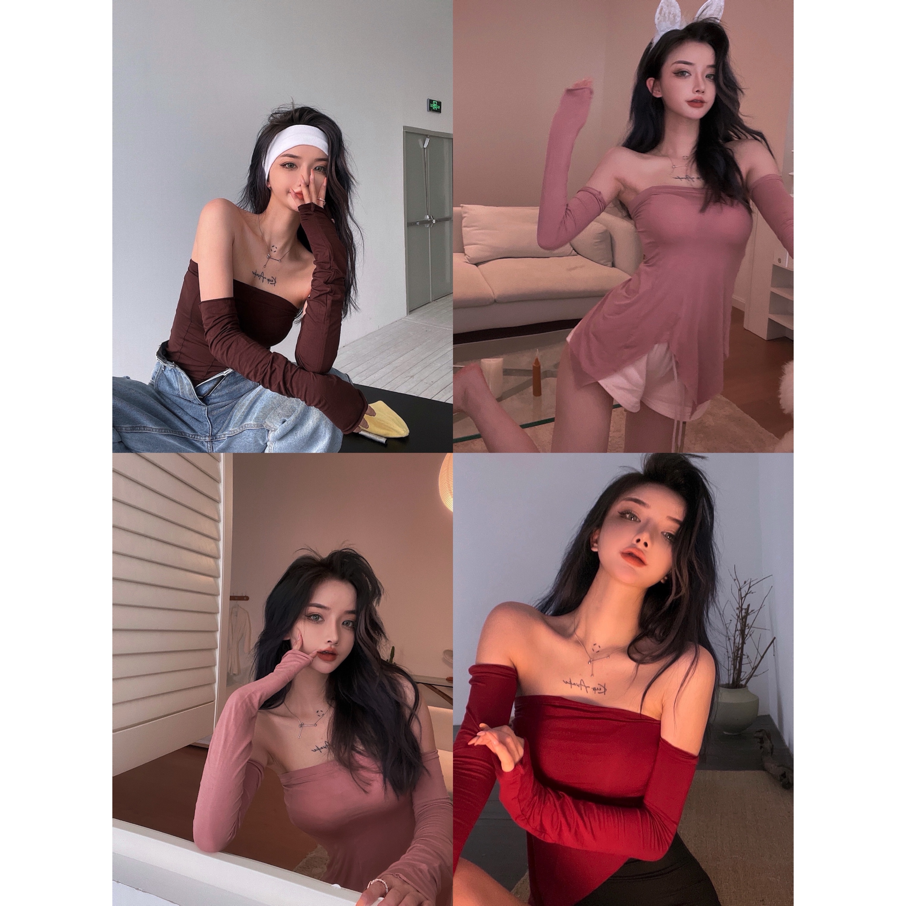 Real price real shot Korean minority design feeling foreign style one line shoulder sleeve top