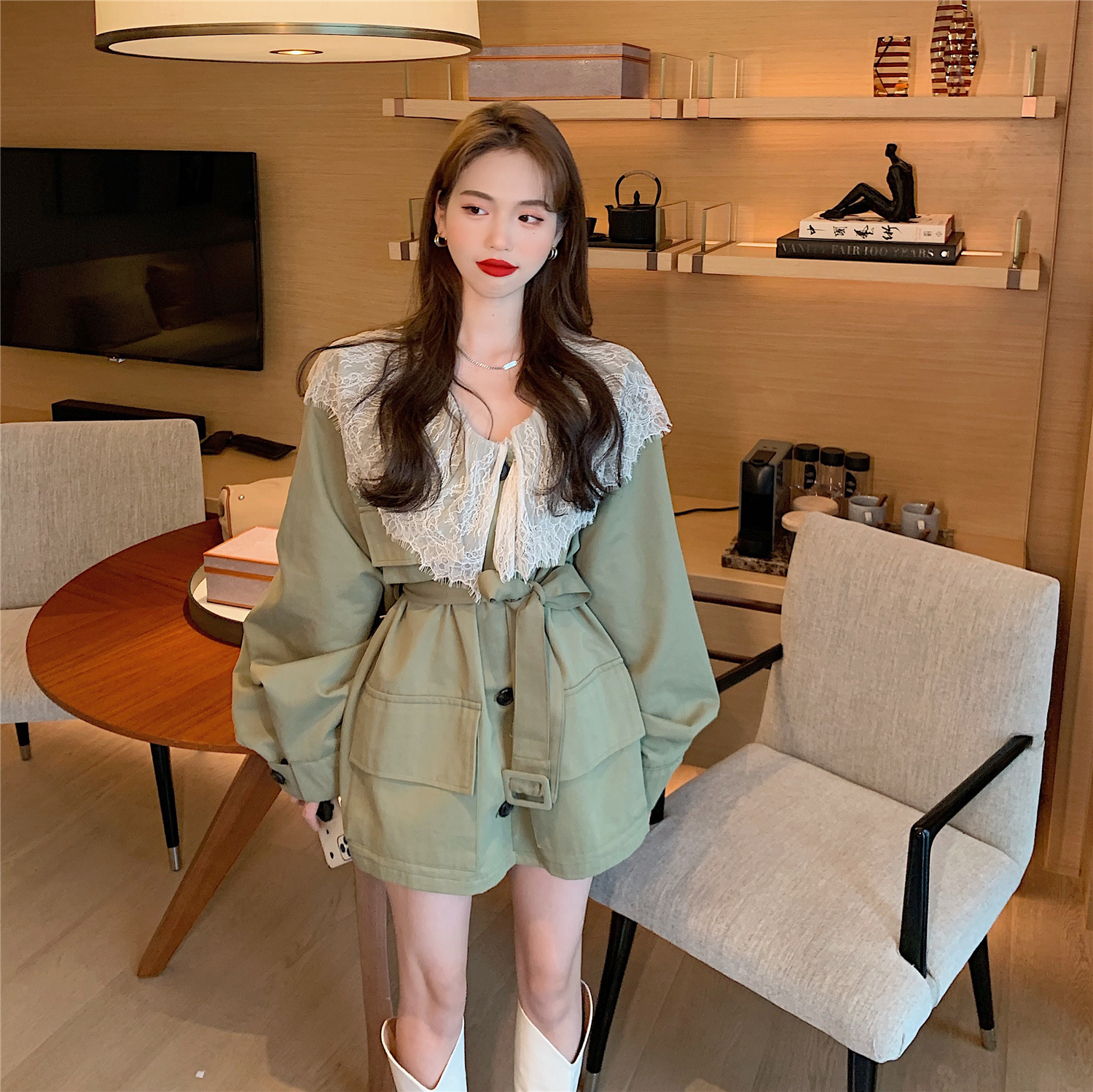 Real price real shot army green lace lace collar wide loose band windbreaker coat woman