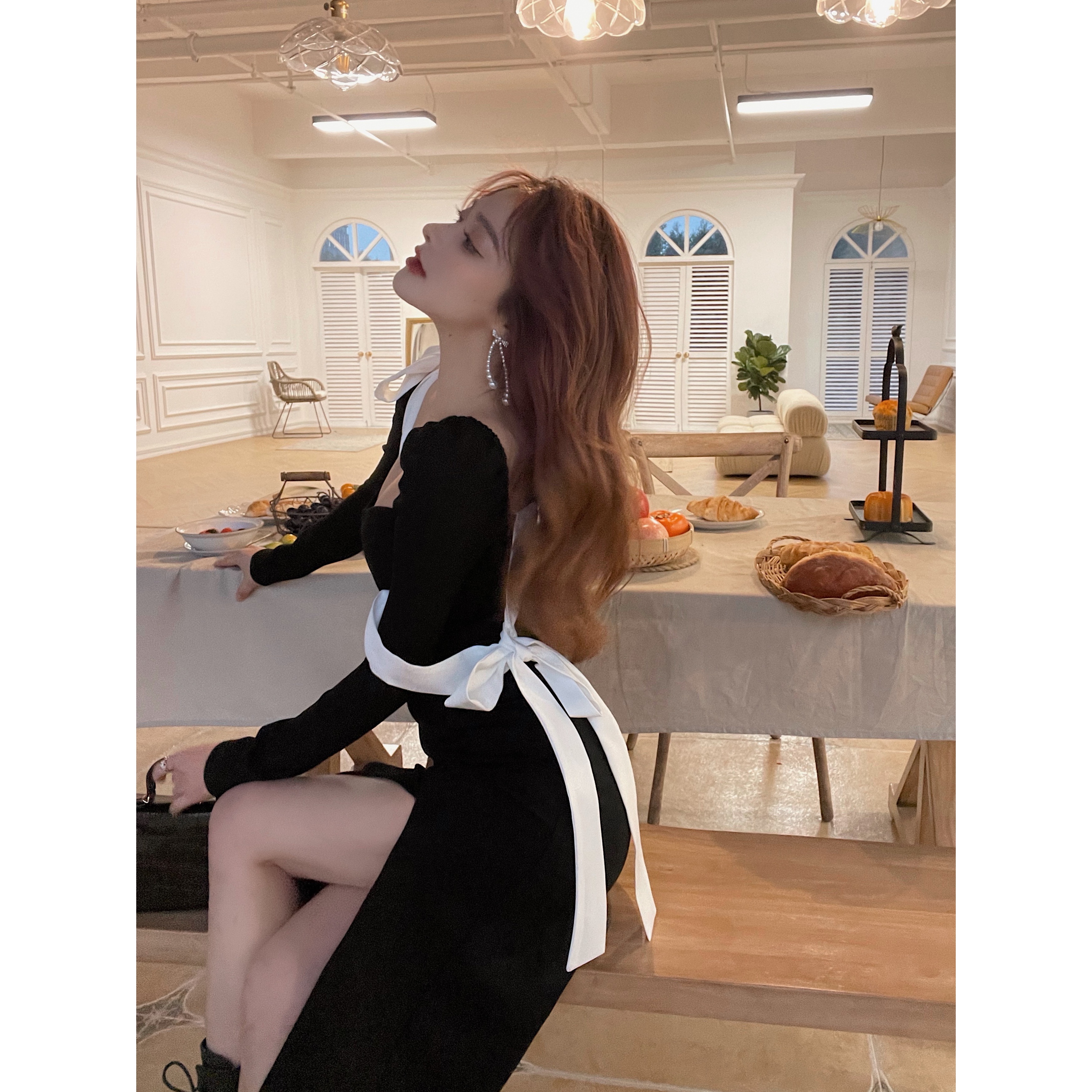 Real price real shot retro temperament slim split small black dress spring long slim high-end dress