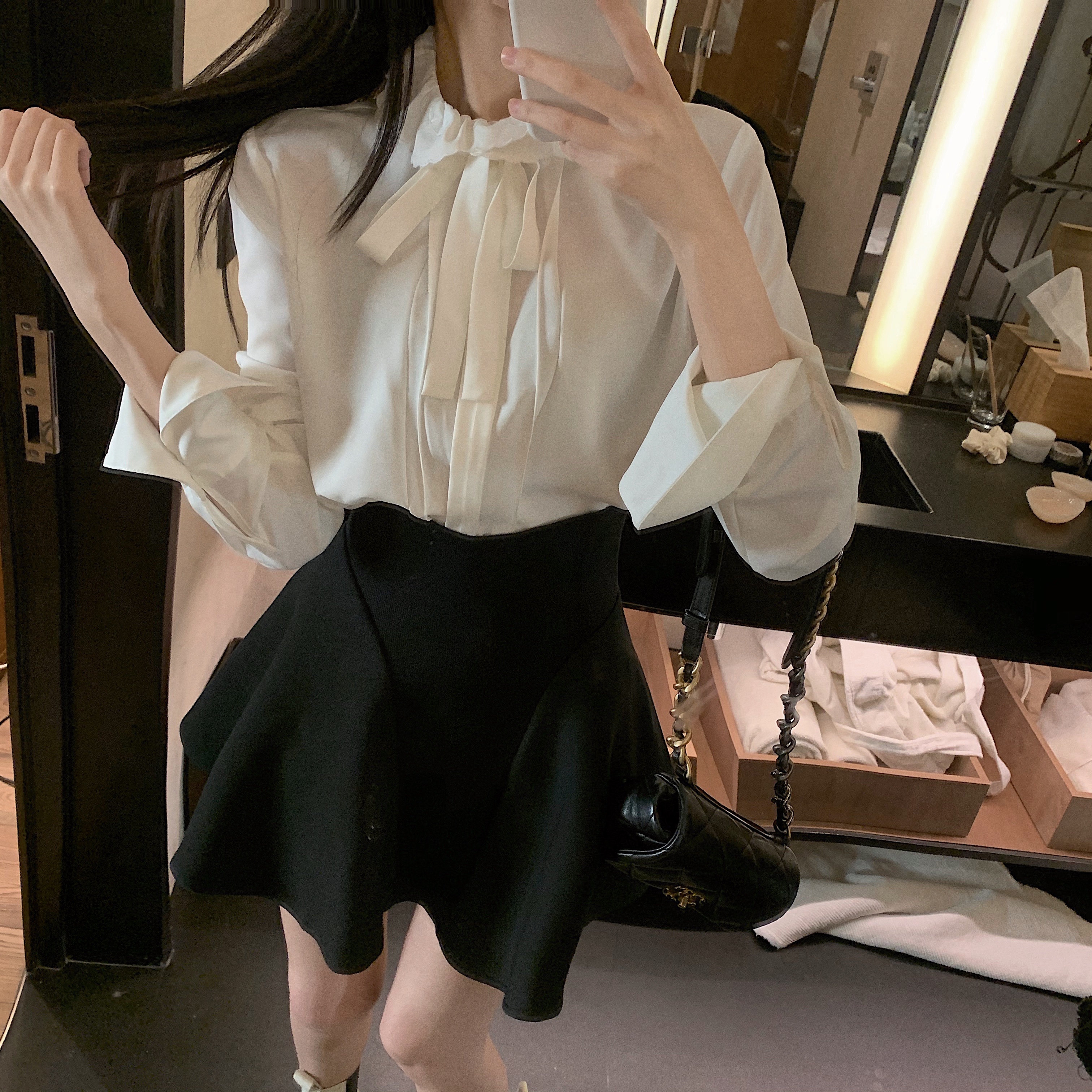 Chiffon Lace Up Shirt with high waist and Ruffle Skirt