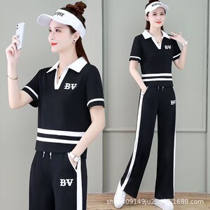 2024夏新款时尚休闲运动套装女翻领短袖T恤龄洋气阔腿裤两件套