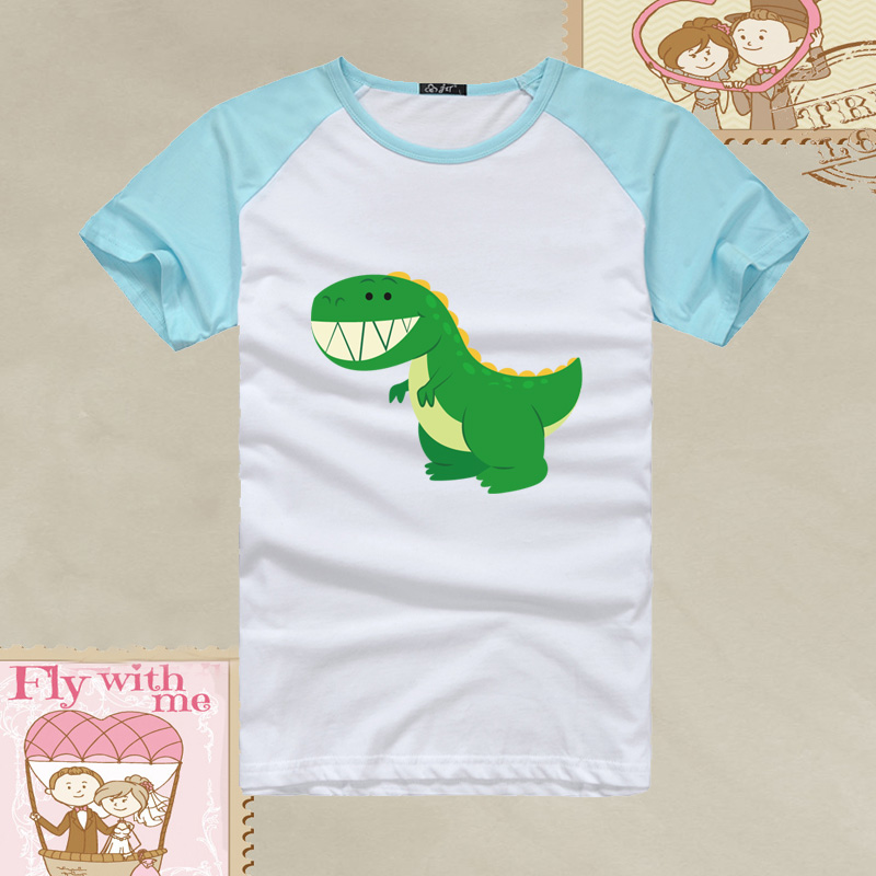 男童女童上衣绿色春夏季新款洋气休闲卡通小恐龙纯棉短袖t恤衫潮