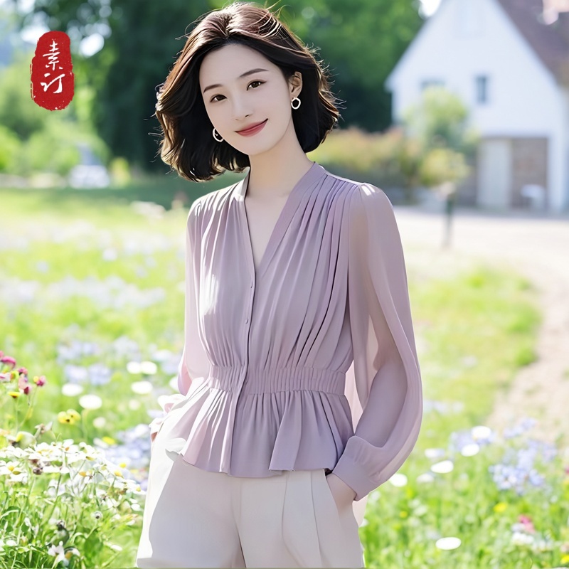 素订蚕素品牌女装旗舰店高级感紫色雪纺衬衫气质收腰显瘦洋气上衣
