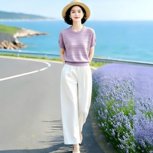 素韵订制女装原创品牌高级感薄款冰丝针织上衣夏季休闲裤时尚套装