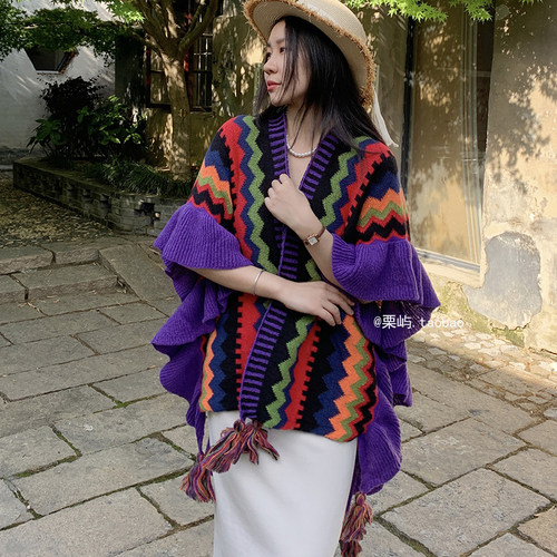 栗屿春秋荷叶边民族风女披肩