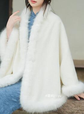 毛边披肩栗屿保暖暗扣新中式女冬