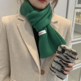 韩版柔软绿色针织百搭马尔斯绿毛线围巾女秋冬季小众纯色围脖情侣