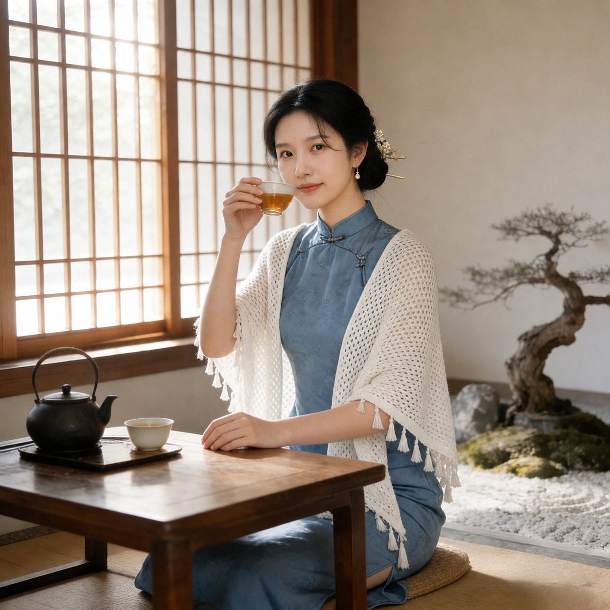 中国风旗袍披肩女旅游拍照外搭礼服裙子汉服针织三角开衫日常穿搭
