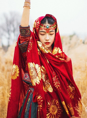 烫金棉麻围巾女东宫小枫红色丝巾甘肃青海敦煌沙漠包头巾防晒披肩