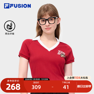 FUSION斐乐潮牌女子针织短袖 2024秋季 FILA 衫 POLO领上衣 新款 修身