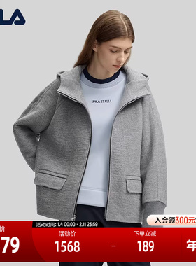 FILA Emerald斐乐女士呢子外套2024冬季新款时尚休闲宽松连帽上衣