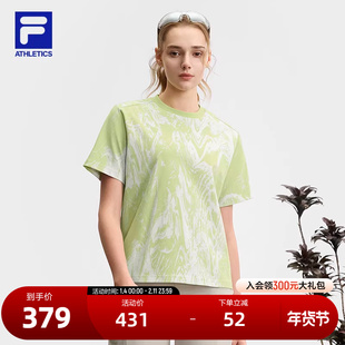FILA 斐乐官方女子针织短袖衫2025夏新款户外运动满印宽松圆领T恤