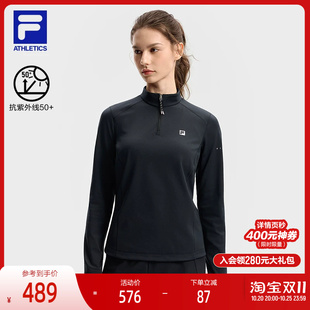 FILA 斐乐官方女子针织长袖衫2025冬季新款健身运动加绒半拉链长T