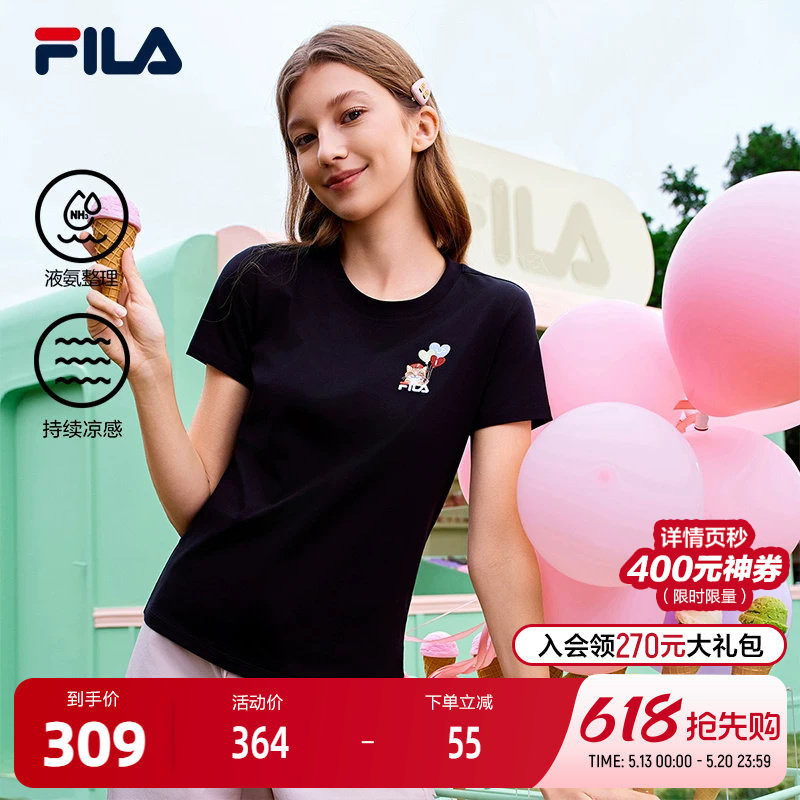 FILA 斐乐官方女子针织短袖衫2026春新款时尚休闲小猫刺绣圆