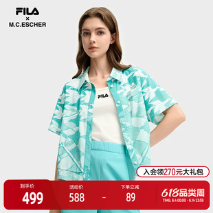 FILA 斐乐官方女士针织短袖外套2025秋新款时尚休闲宽松满印衬衫