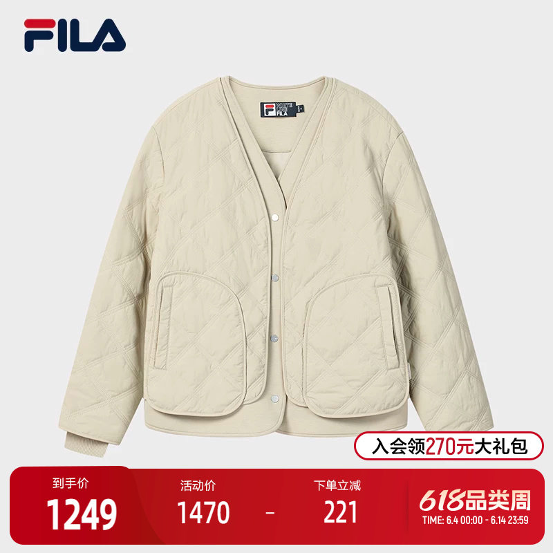 FILA 斐乐官方女士棉服2026春新款时尚休闲绗缝V领假两件保暖外套
