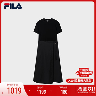 FILA 斐乐官方女子连衣裙2026秋季新款休闲裙子拼接修身短袖长裙