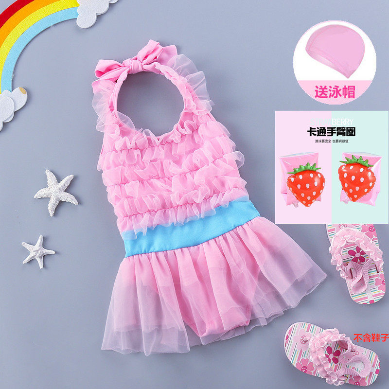 女宝宝儿童泳衣温泉中小童女孩连体爱心公主泳装婴幼儿送泳帽发带