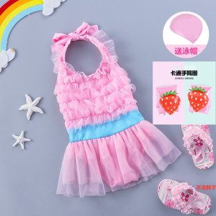 女宝宝儿童泳衣温泉中小童女孩连体爱心公主泳装 婴幼儿送泳帽发带