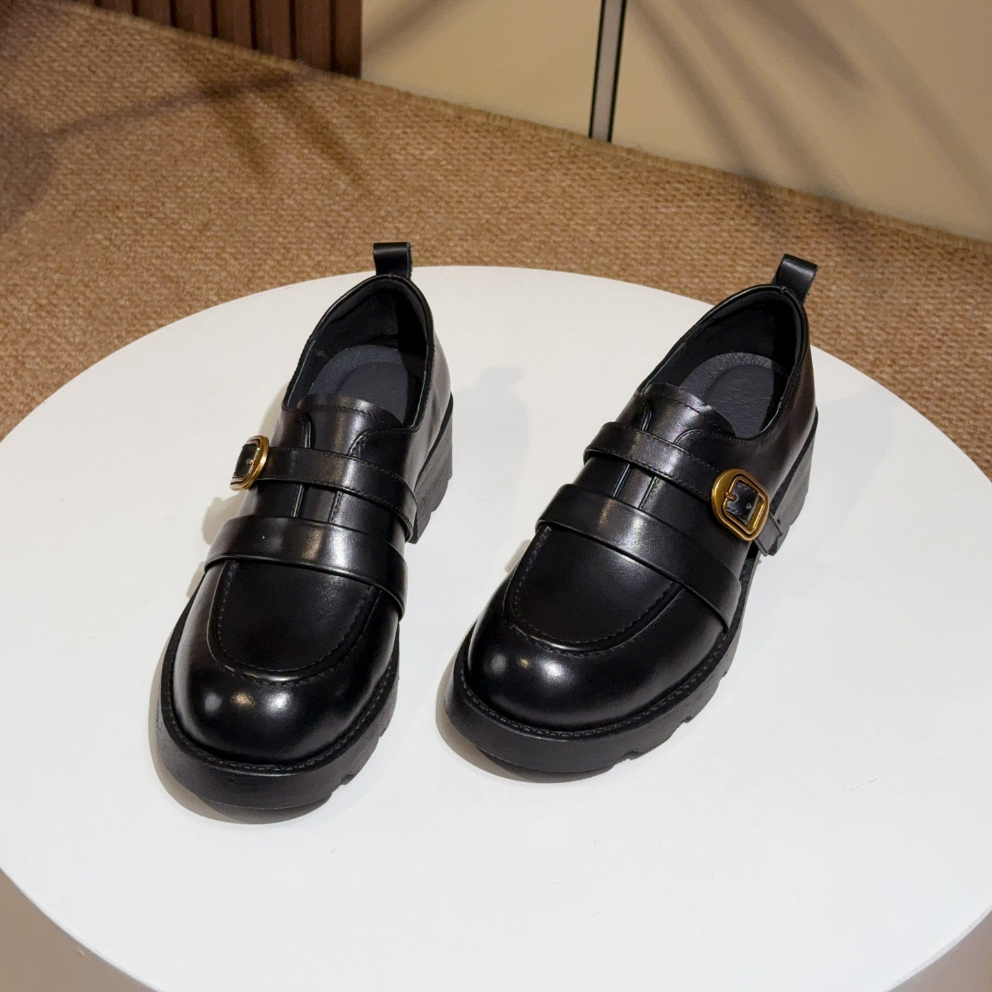 真皮英伦风小皮鞋皮带扣厚底粗跟乐福鞋女冬加绒百搭中跟深口单鞋,女鞋,乐福鞋（豆豆鞋）,淘宝优惠券,粉丝福利购,淘宝优惠卷