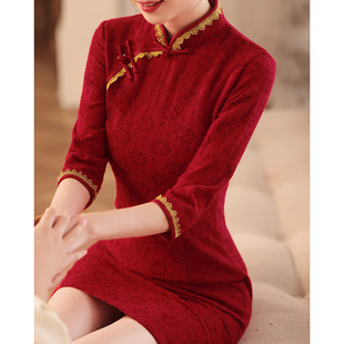 红色旗袍敬酒服新娘小个子短款改良年轻款连衣裙订婚结婚晚礼服女