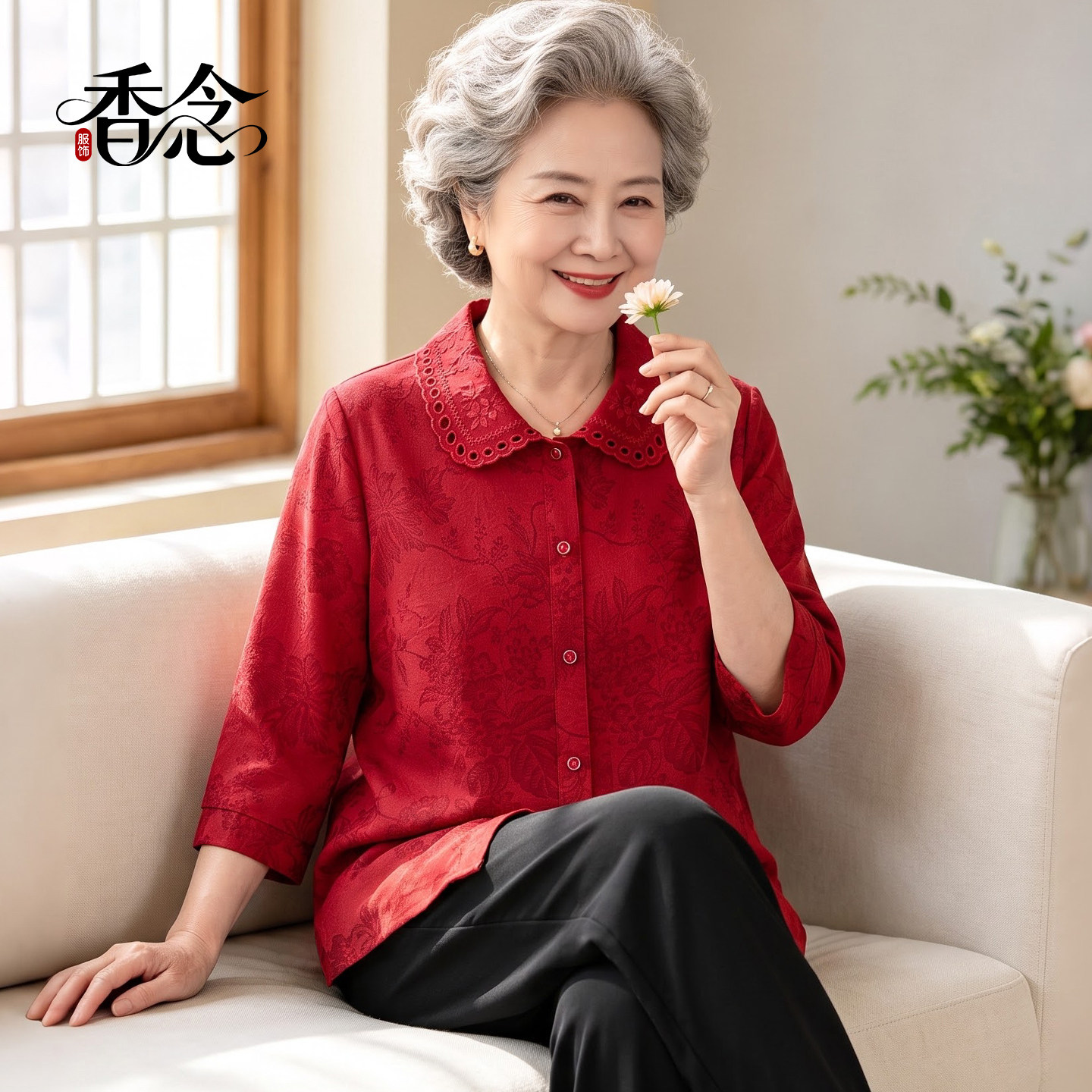 老年人七分袖衬衫女奶奶夏装衬衣